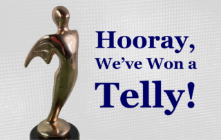 Graphic showing a telly statue with the text, "Hooray, We've Won a Telly!"